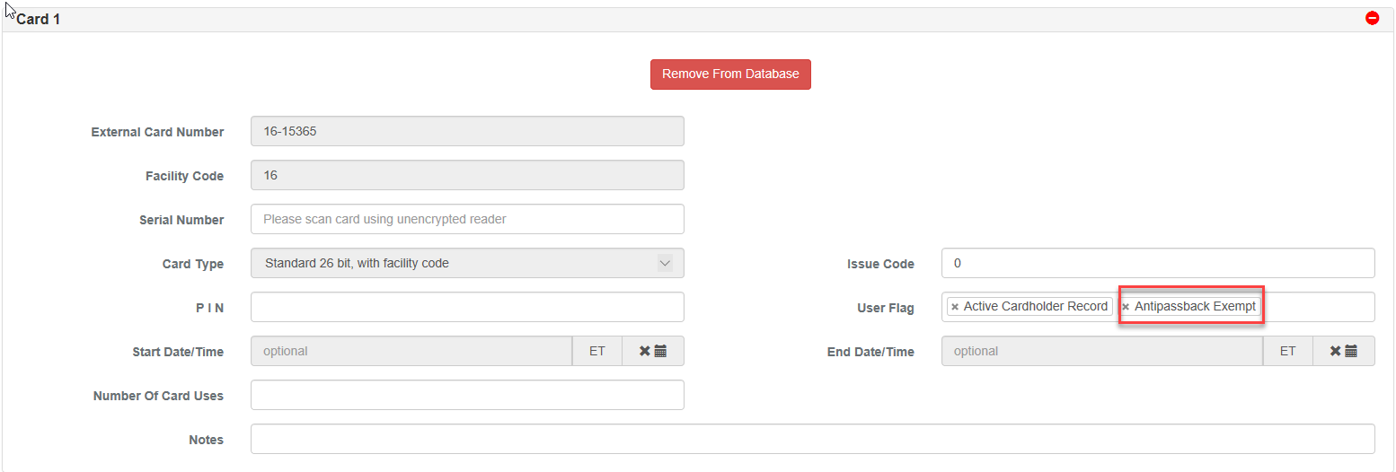 Anti passback Exemption Card Setting