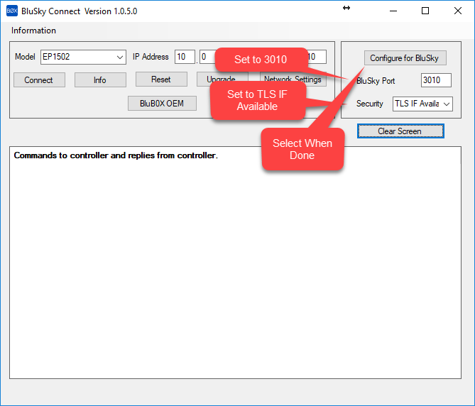 BluSKY Connect Configure Port