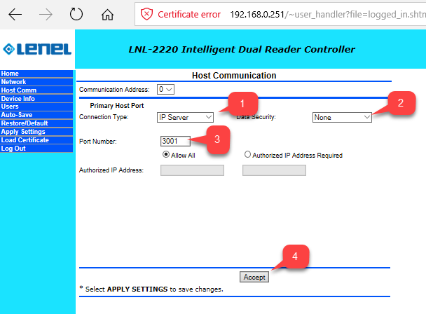 Connect Host Comm Settings