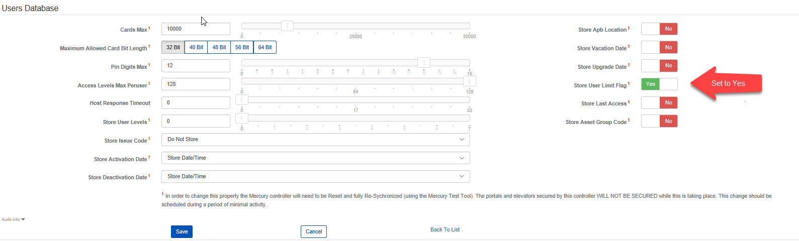 Controller Store User Limit Flag