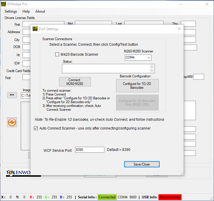 IDWedgePro Port Settings screen shot