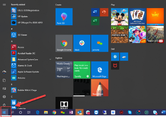 MS Windows Menu Screen