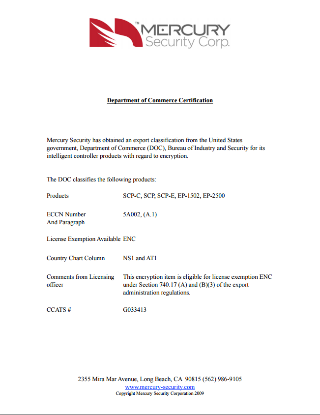 Mercury Department of Commerce Certfication