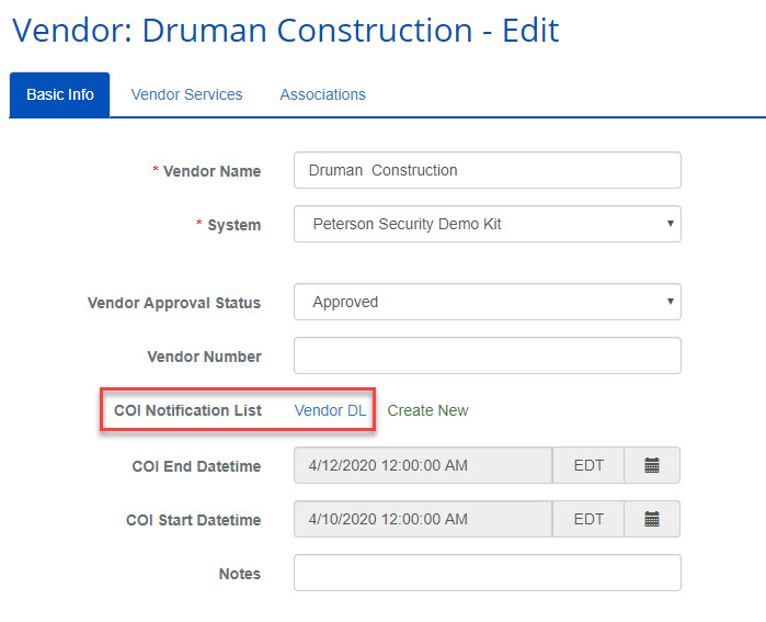 Vendor Mgmt COI Notification List Selection