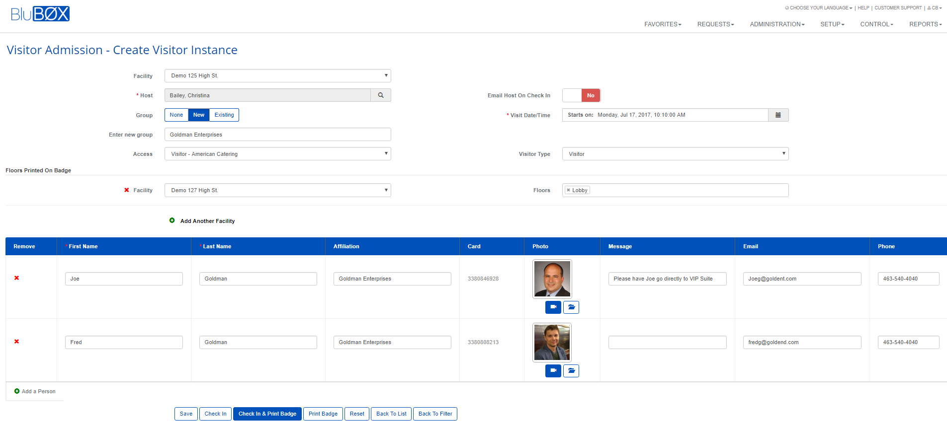 ad hoc Visitor Request Create Screen
