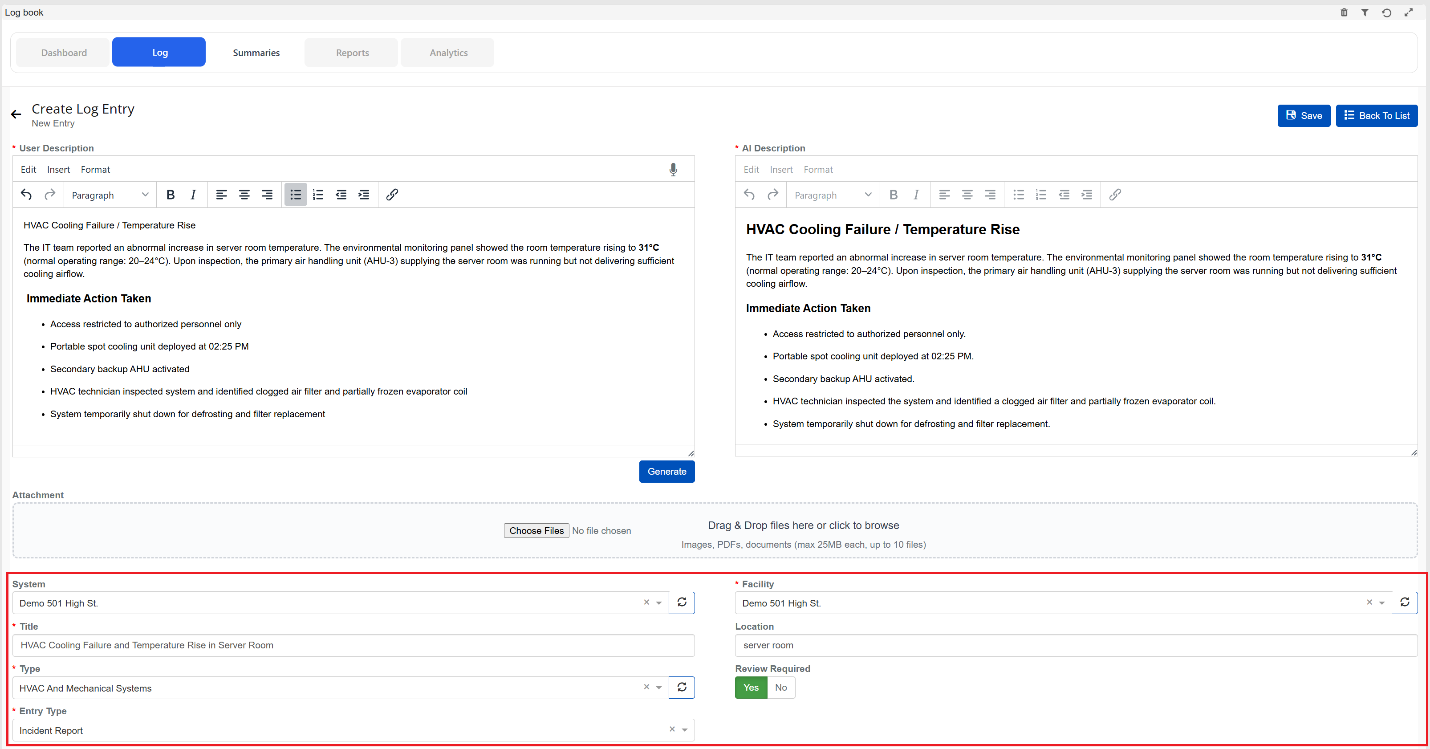 AI Assisted Log Creation form