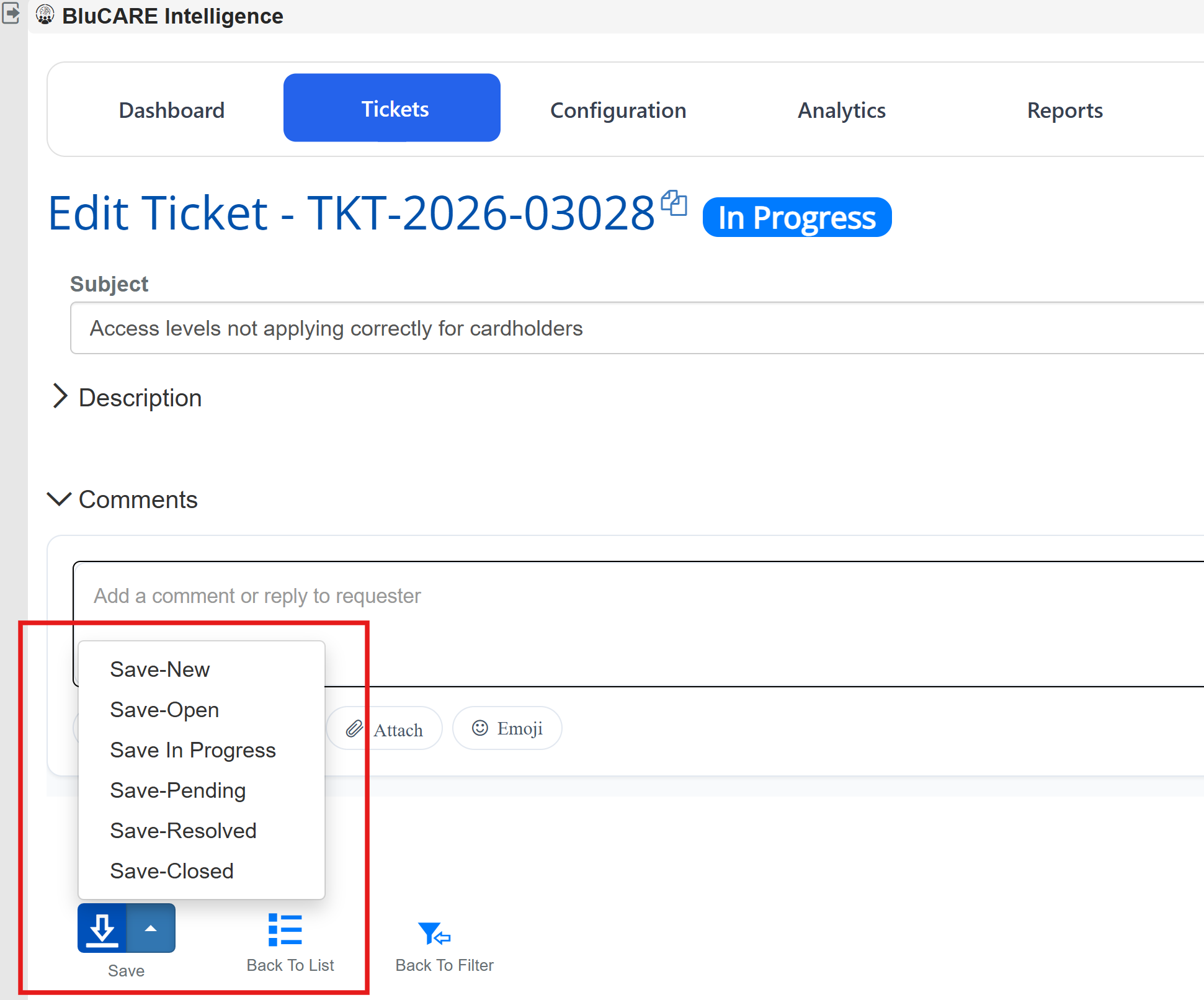 Save Action dropdown with status options