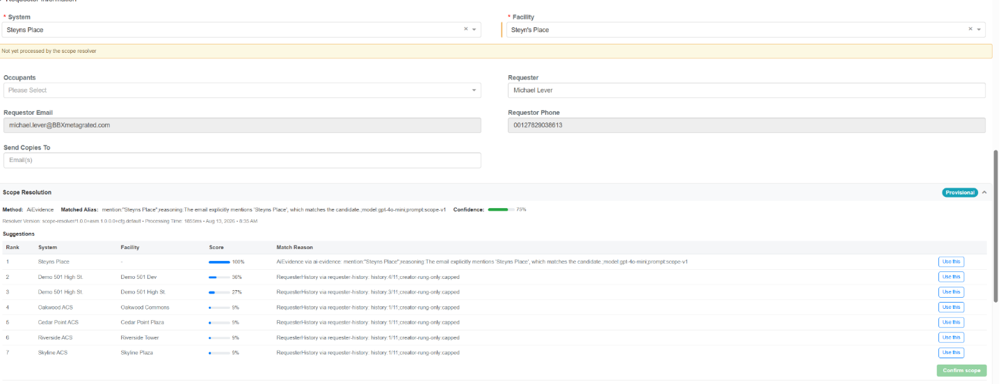 Scope Resolution on ticket form with suggestions table