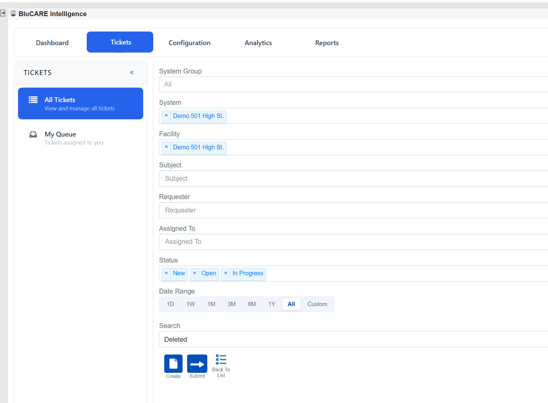 Ticket filter panel with all filter fields