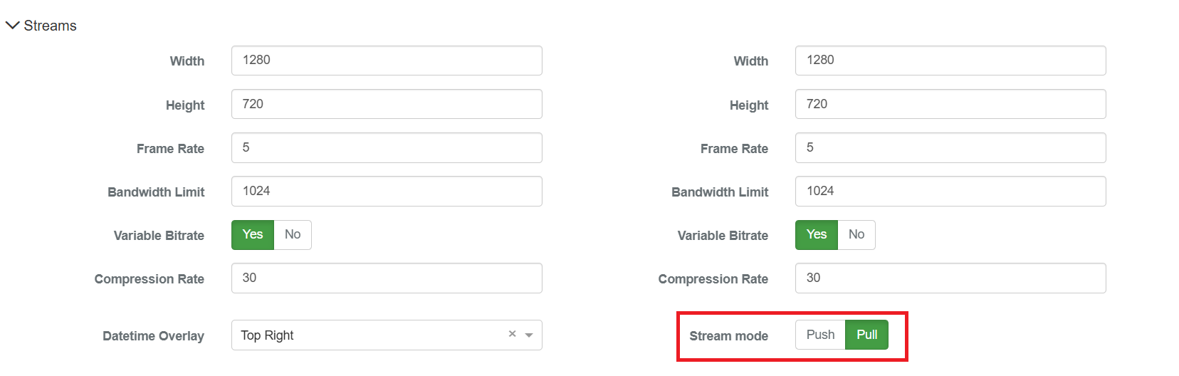 Camera configuration – Push/Pull stream mode