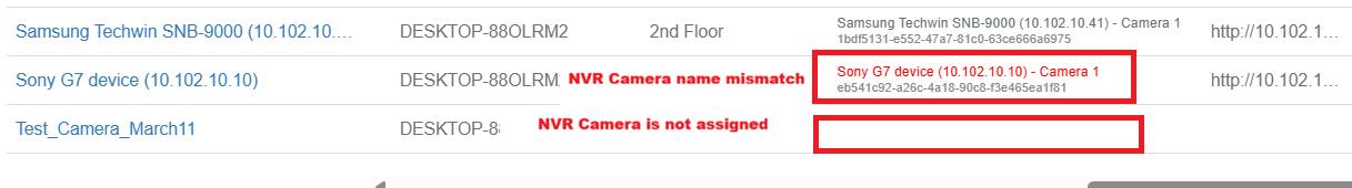 NVR Camera name mismatch highlighted in red