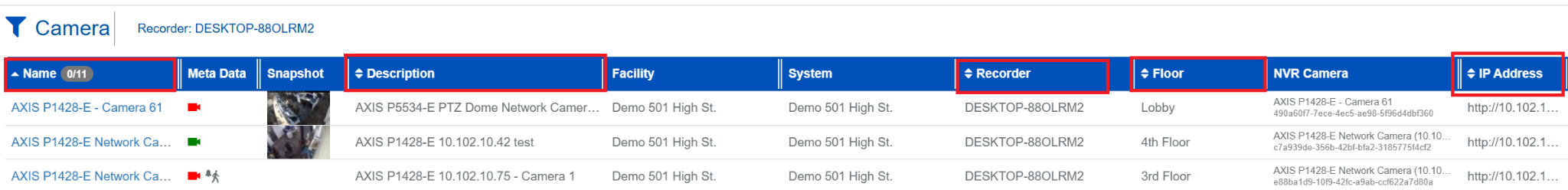 Camera Search page with sortable columns