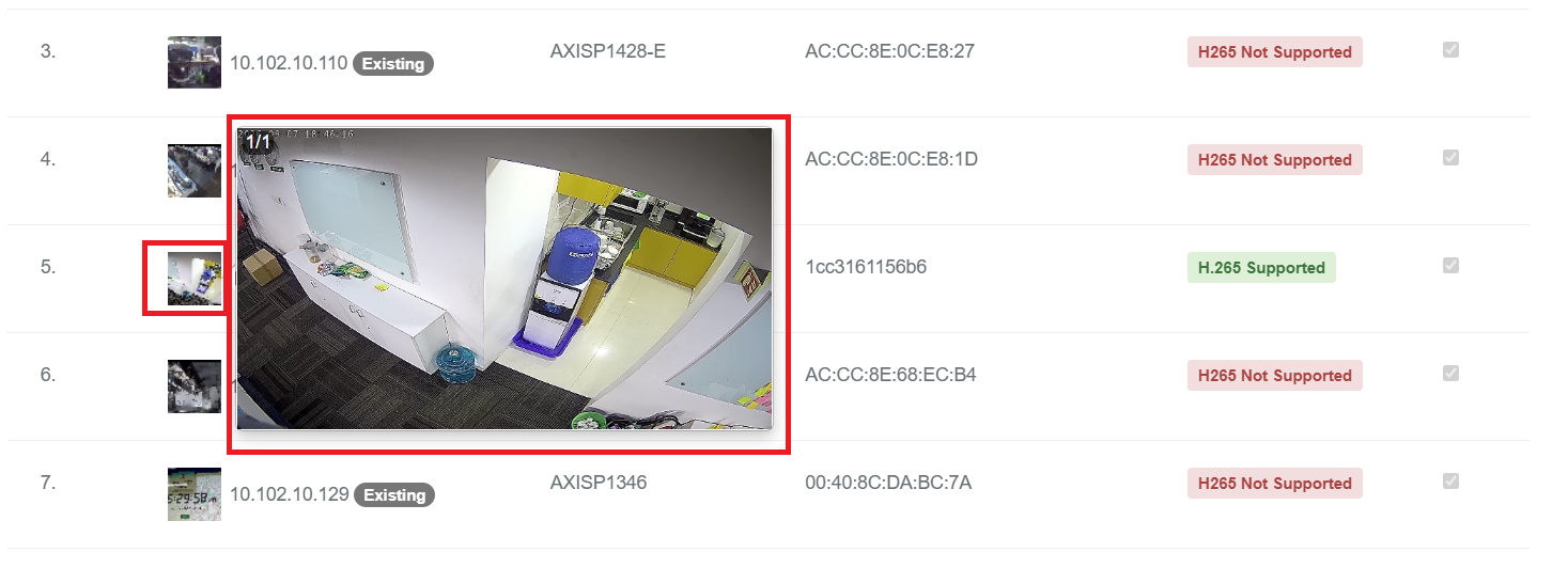 Discover Cameras page showing enlarged camera snapshot on hover