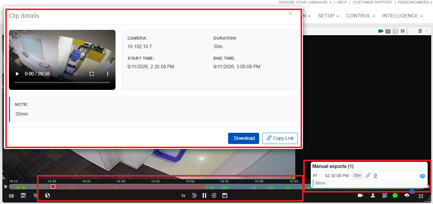 Export Clip details dialog showing camera, duration, start and end time, and download options