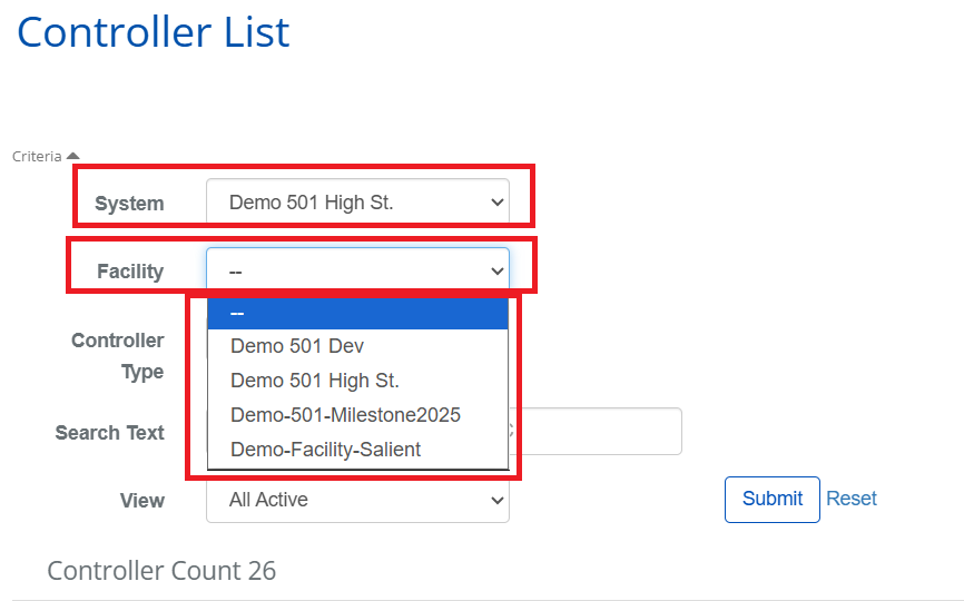 Controller List with Facility filter dropdown