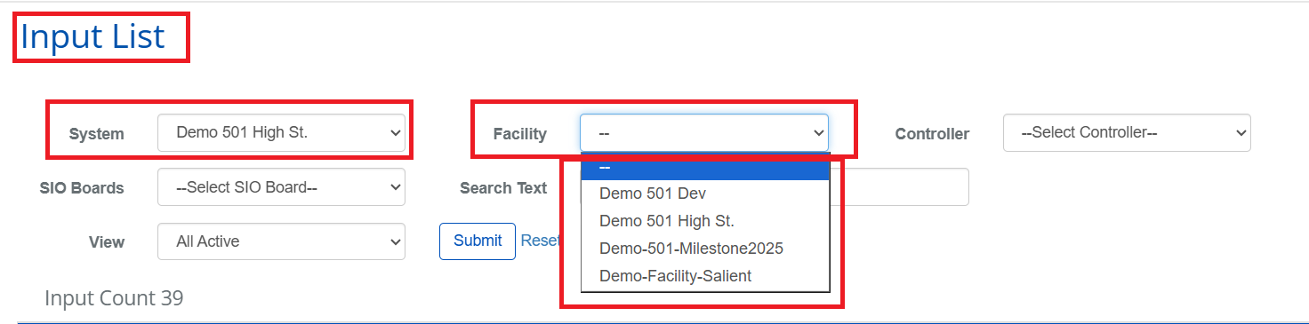 Input List with Facility filter dropdown
