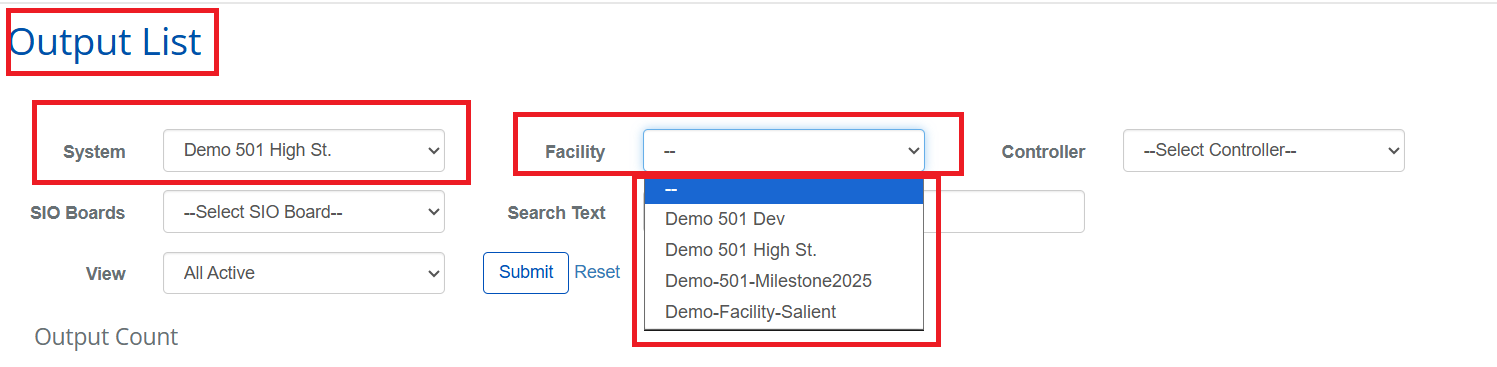 Output List with Facility filter dropdown