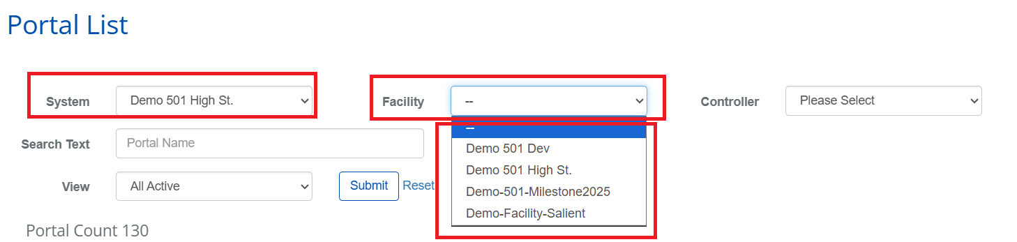 Portal List with Facility filter dropdown