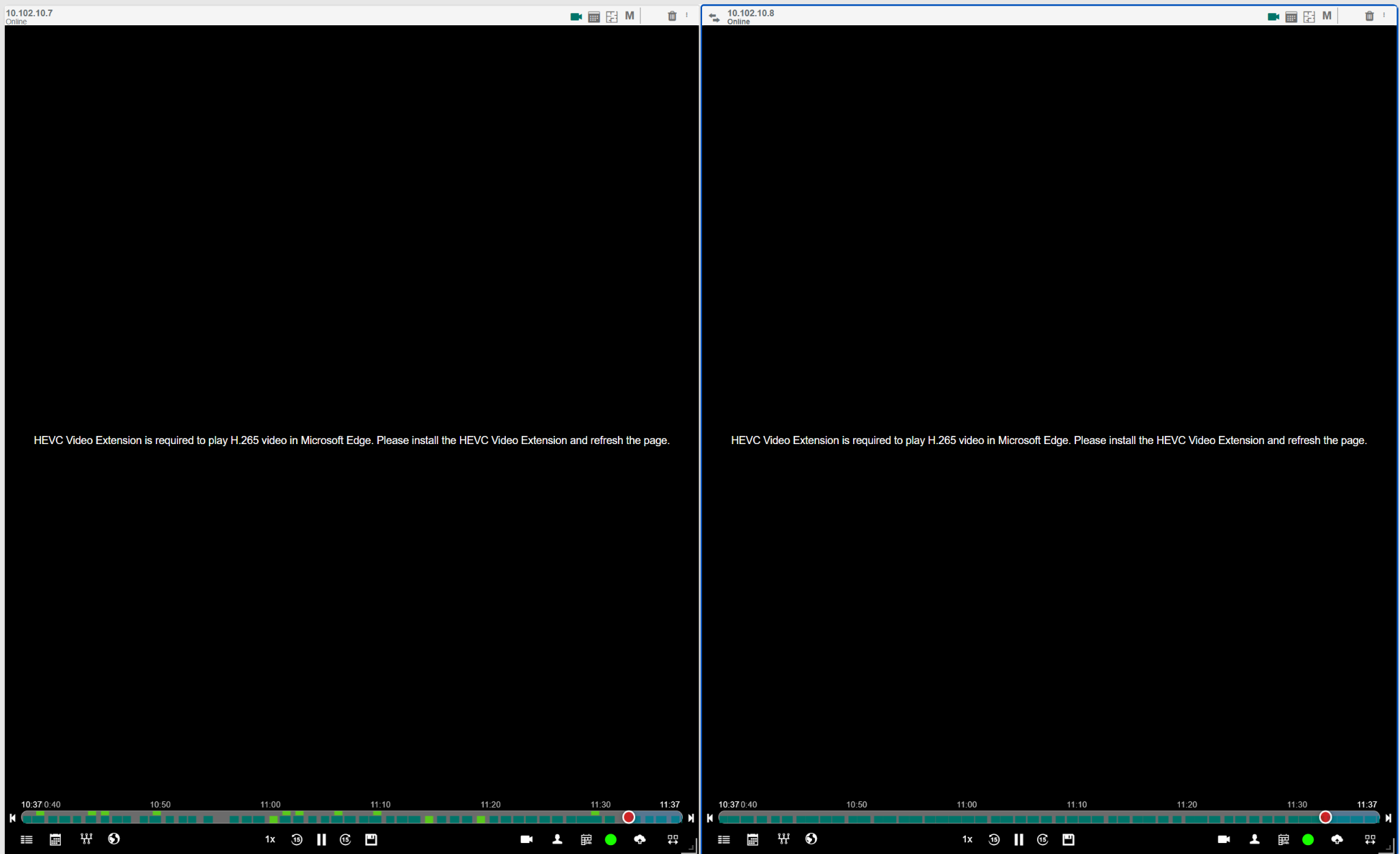 H.265 browser not supported message displayed in video player panels