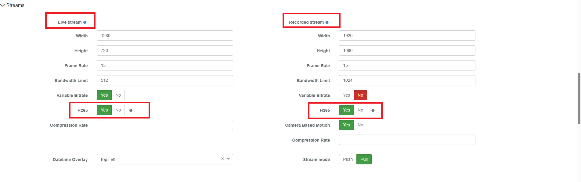 Camera Streams section showing H265 toggle for Live and Recorded streams