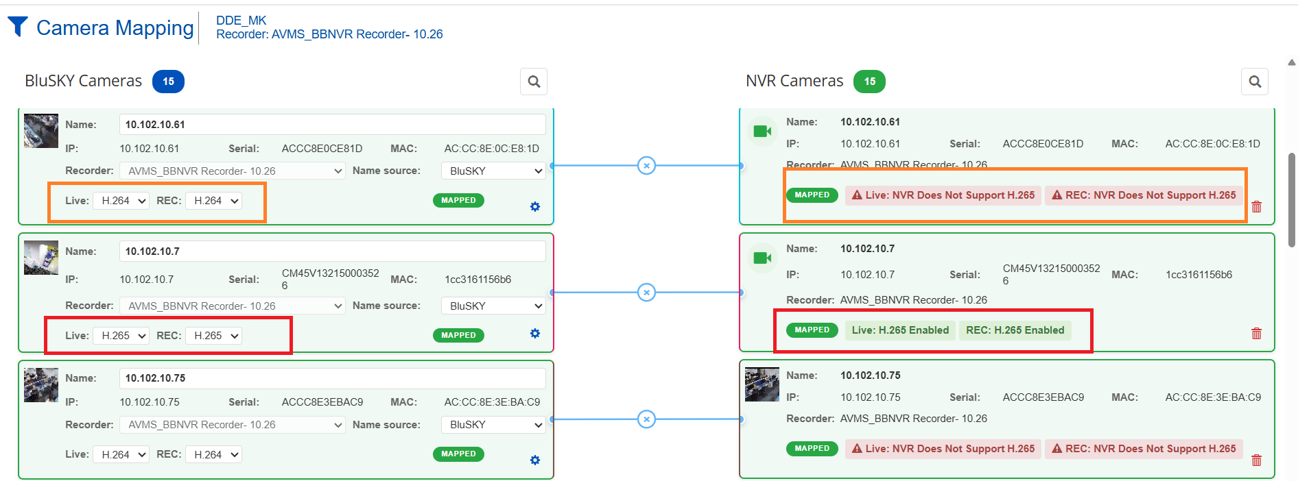 Camera Mapping with Live and REC H.265 status indicators