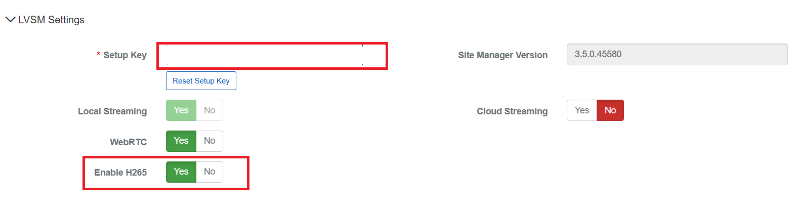 Recorder LVSM Settings showing Enable H265 toggle