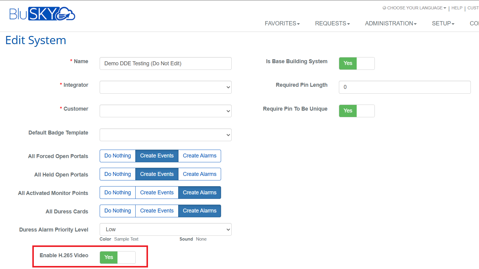 Edit System page showing Enable H.265 Video toggle