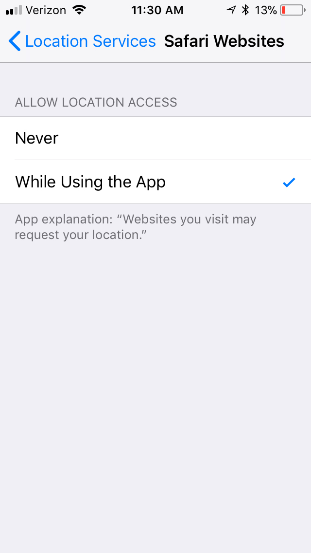 iPhone Location Service Safari setting