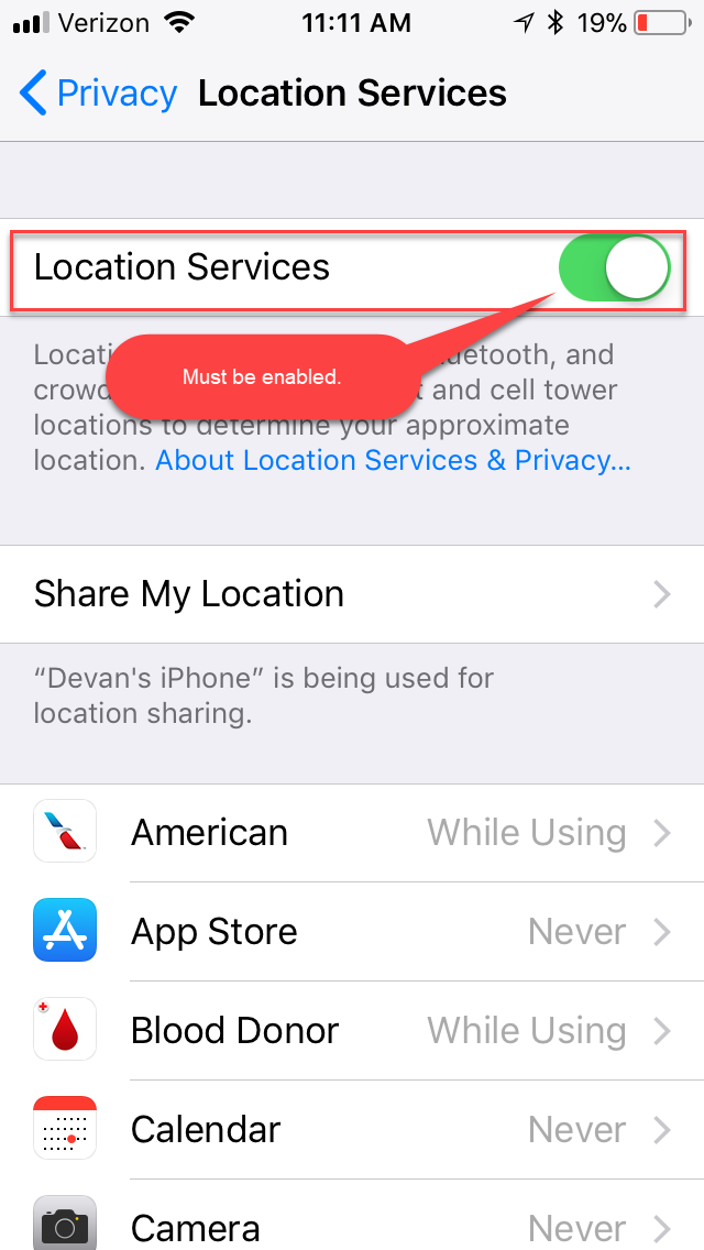 iPhone Location Service application setting
