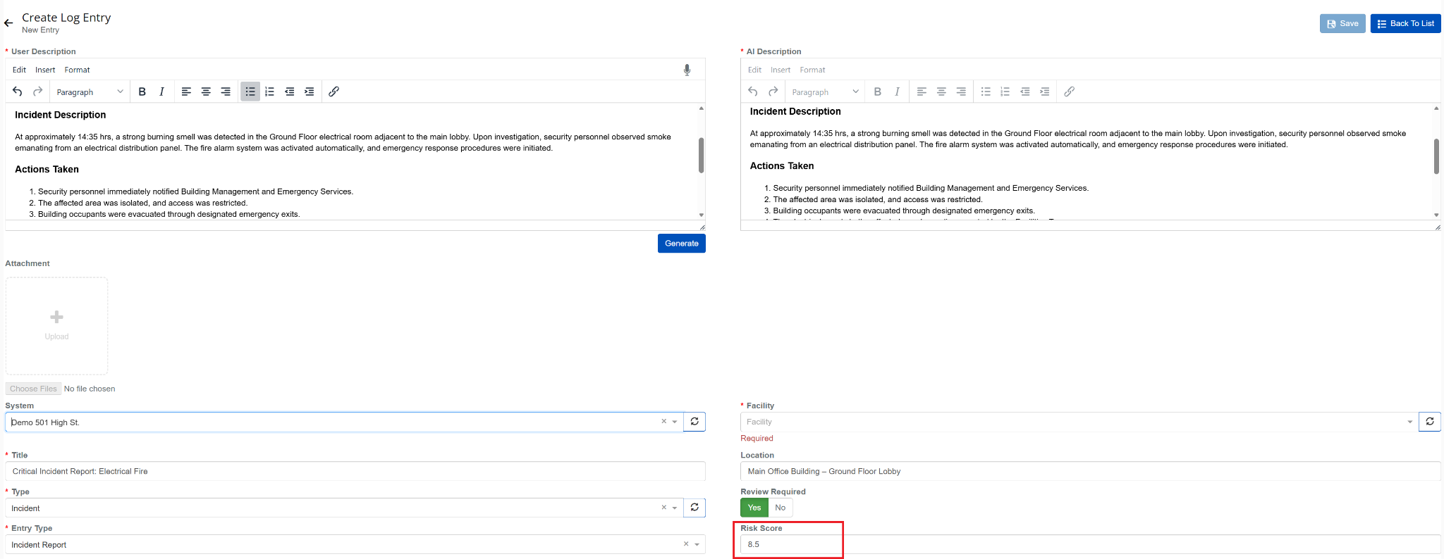 AI-Generated Risk Score on Logbook Entry Creation