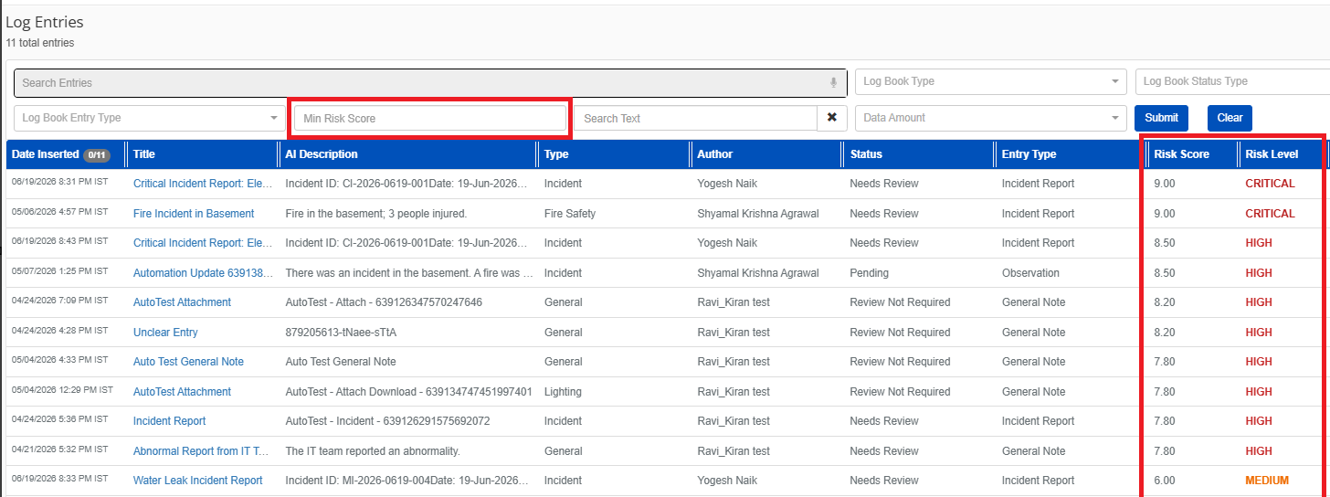 Minimum Risk Score Filter on List Tab