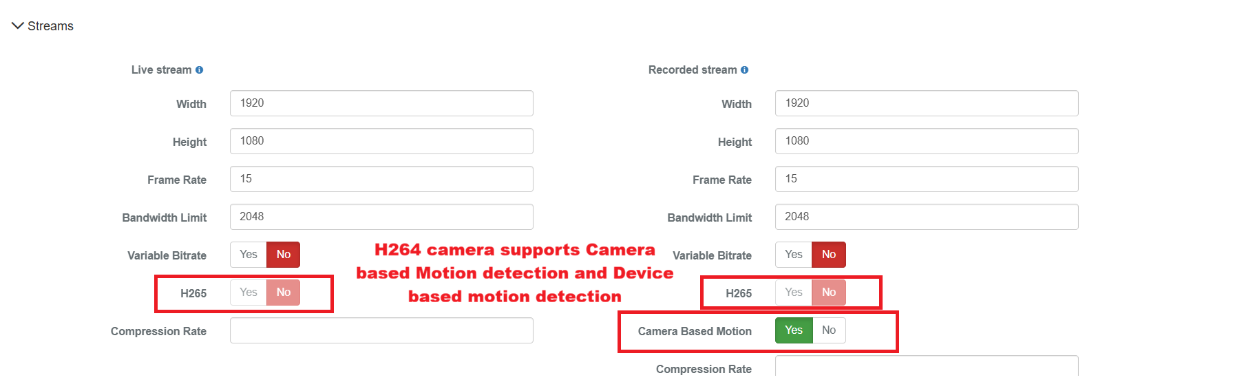 H264 camera streams showing Camera Based Motion and Device Based Motion detection support