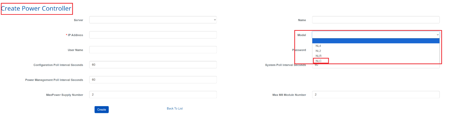 Create Power Controller form showing NLC model option