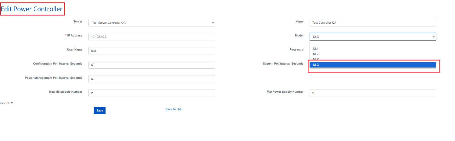 Edit Power Controller form with NLC selected