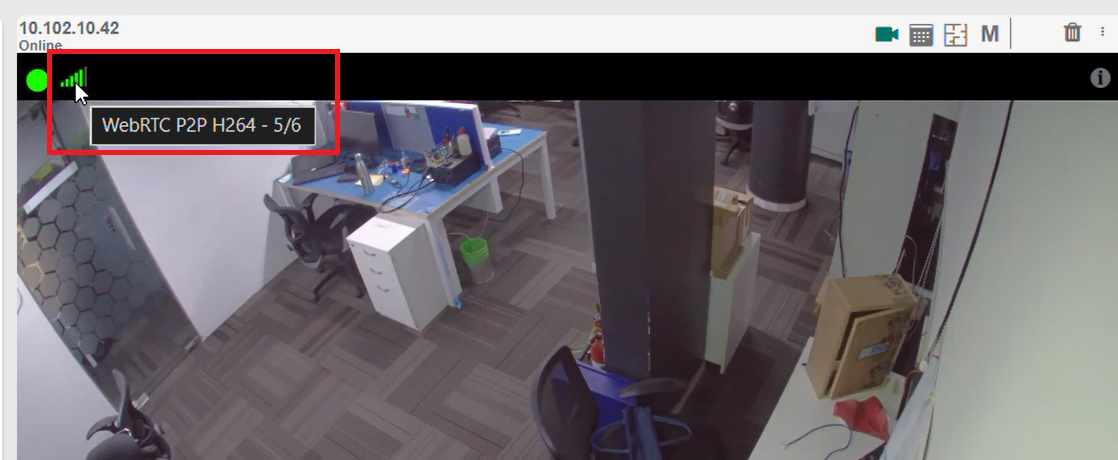 Video player showing BBNVR WebRTC P2P H264 stream indicator