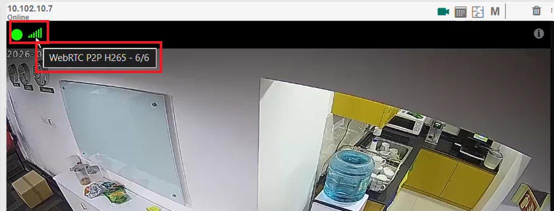 Video player showing BBNVR WebRTC P2P H265 stream indicator