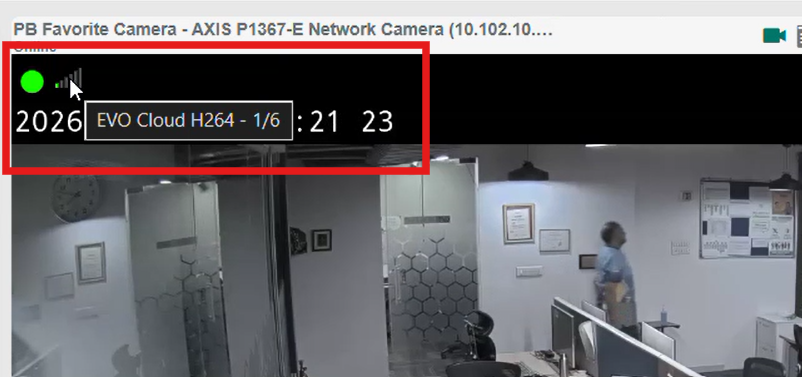 Video player showing Milestone Evo Cloud H264 stream indicator