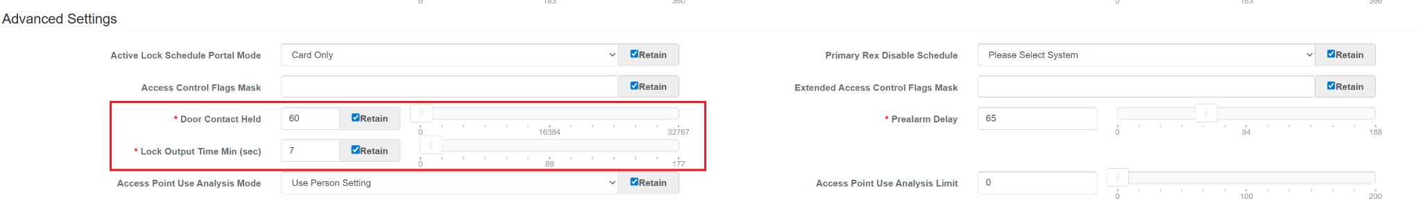 Advanced Settings with Retain checkboxes