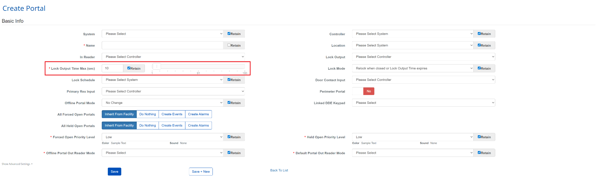 Portal creation page with Retain checkboxes