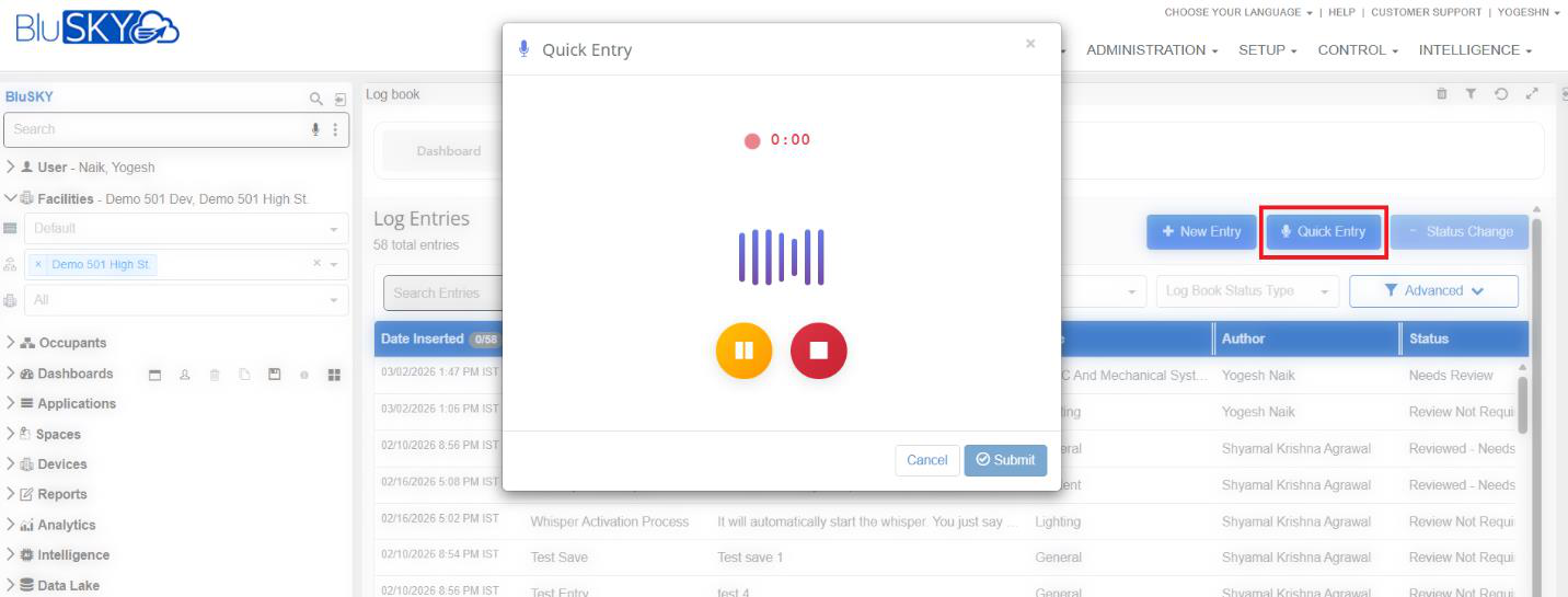 Quick Entry – voice recording started