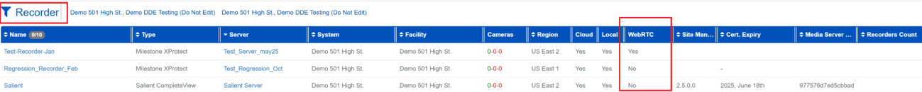 Recorder list with WebRTC column