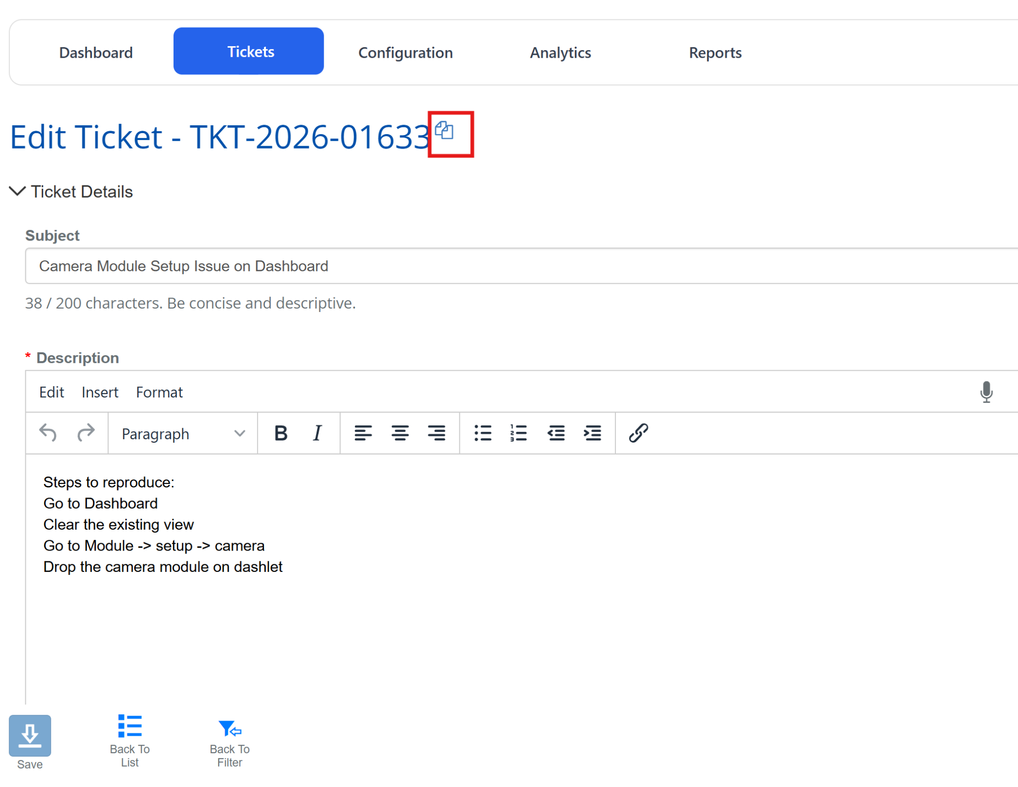 Copy icon next to Ticket Number