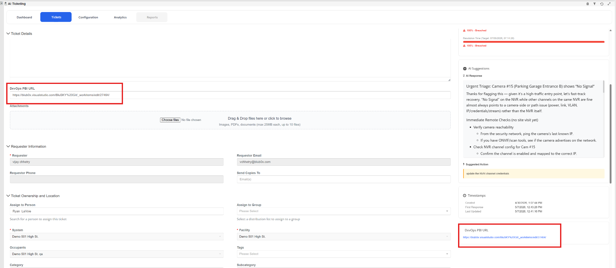 Ticket Details page with DevOps PBI URL section