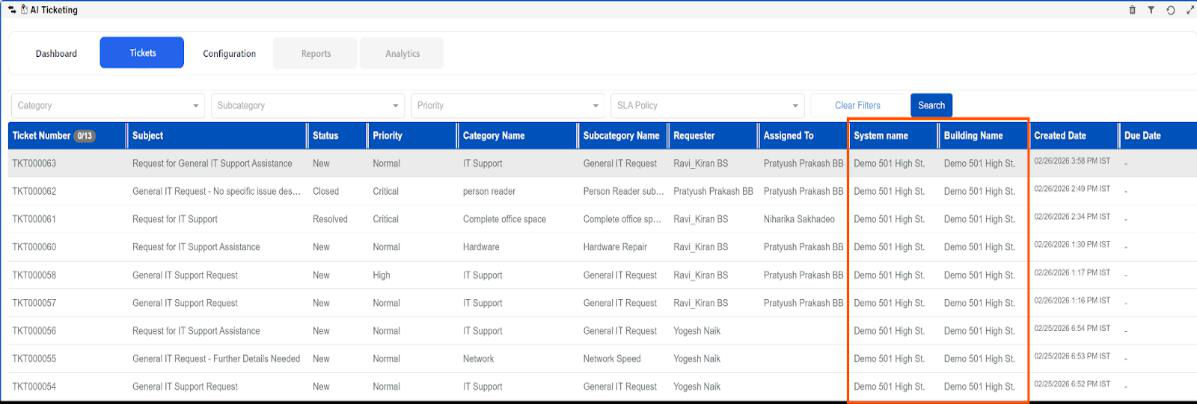 AI Ticket List with System and Facility columns