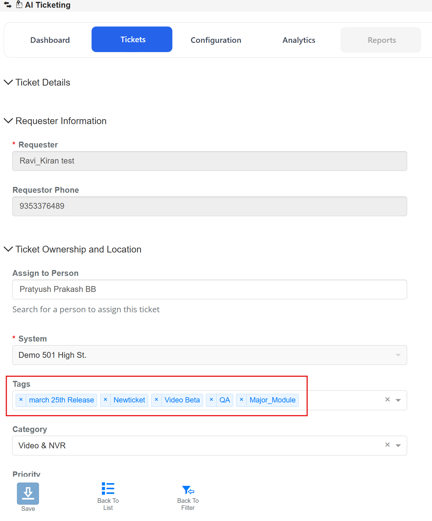 Ticket form with Tags field